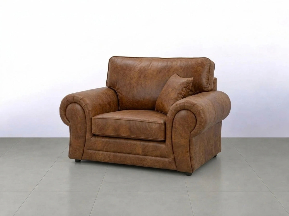 Brown leather armchair from the Wilcot full back sofa set by Gamzo Outlet, featuring a comfortable, padded design.