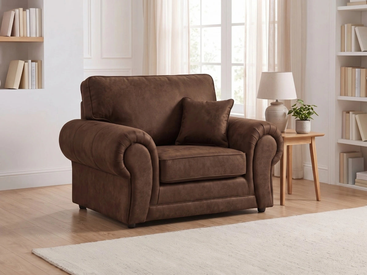Chocolate brown leather armchair from the Wilcot full back sofa set by Gamzo Outlet, showcasing plush upholstery and stylish design.
