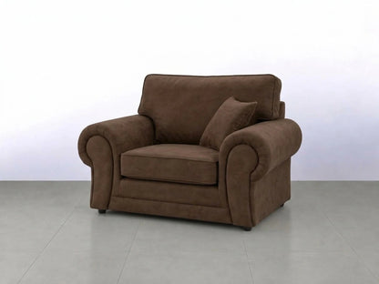 Chocolate brown leather armchair from the Wilcot full back sofa set by Gamzo Outlet, showcasing plush upholstery and stylish design.
