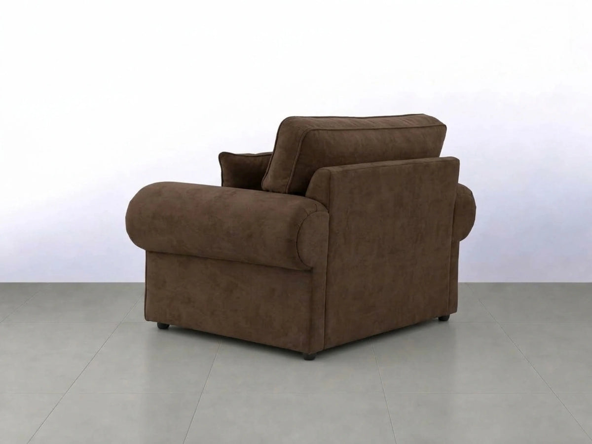 Chocolate brown leather armchair from the Wilcot full back sofa set by Gamzo Outlet, showcasing plush cushioning and stylish design.