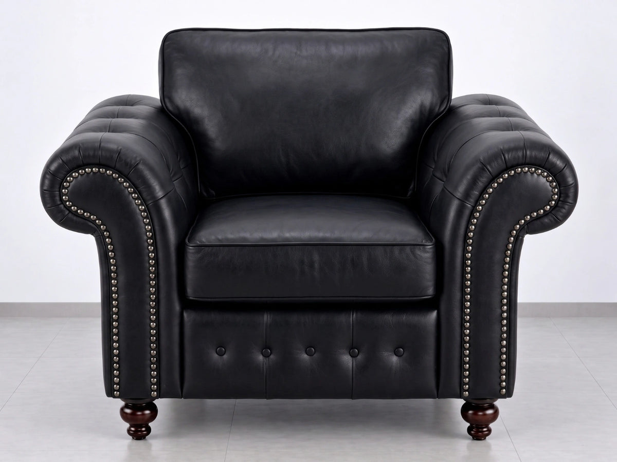 Black leather armchair from Gamzo Outlet Oakland full back leather sofa set, showcasing plush cushioning and modern design.