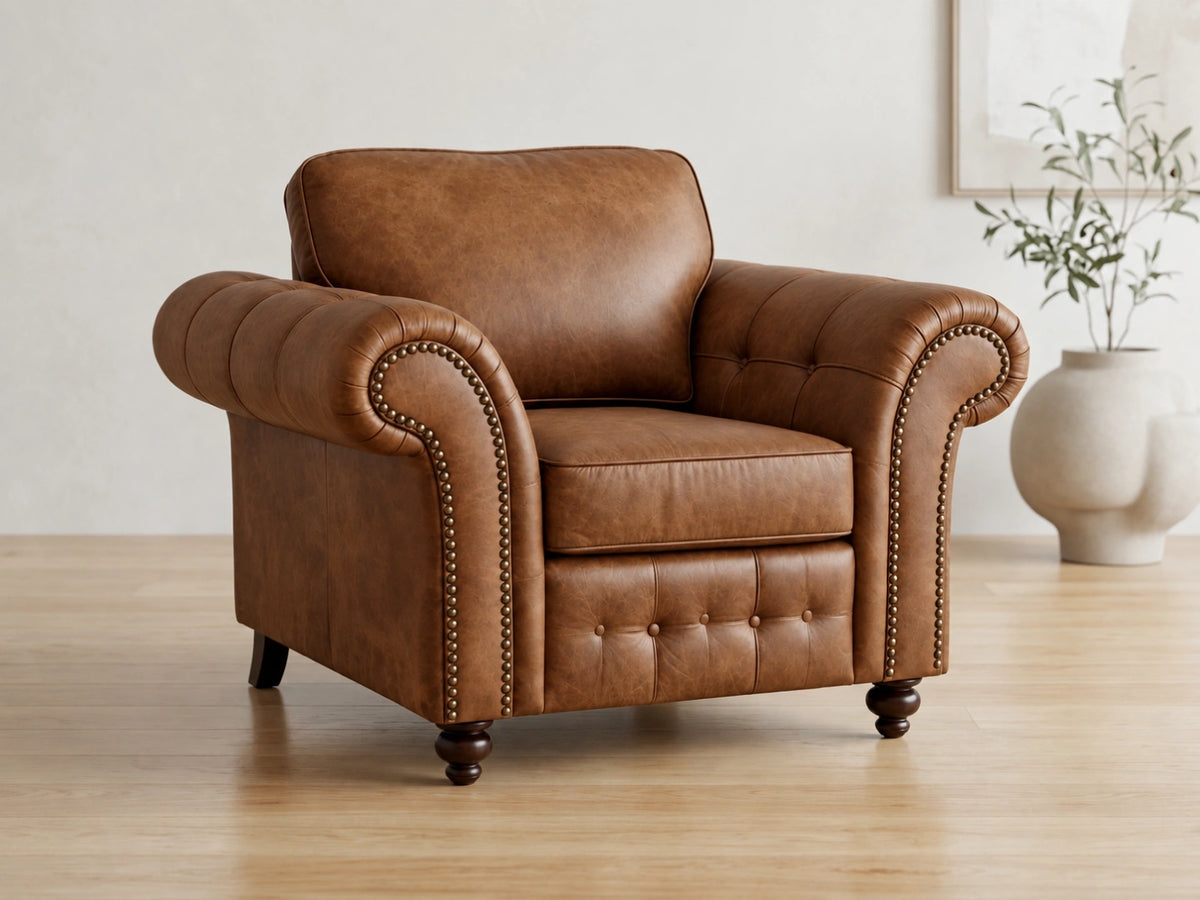 Brown leather armchair from the Oakland full back sofa set by Gamzo Outlet, featuring plush cushioning and stylish design.