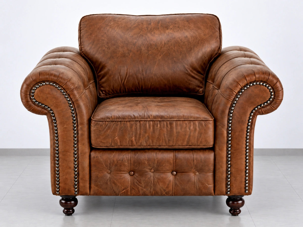 Brown leather armchair from the Oakland full back sofa set by Gamzo Outlet, featuring a sleek design and plush seating.