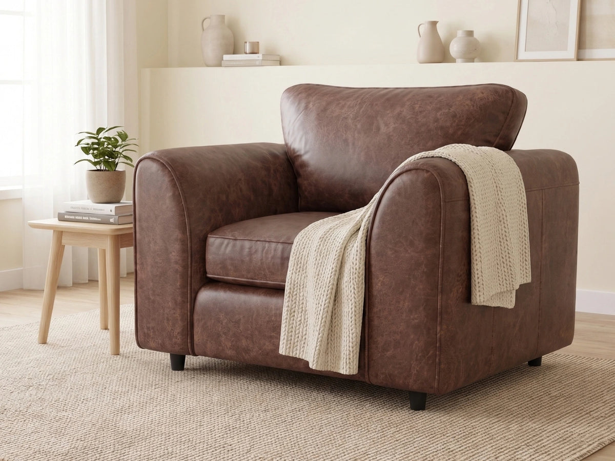 Chocolate brown leather armchair from Gamzo Outlet's Dillon full back sofa set, showcasing plush upholstery and stylish design.