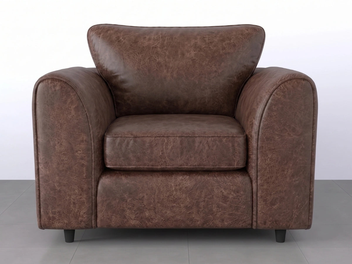 Chocolate brown leather armchair from Gamzo Outlet's Dillon full back sofa set, showcasing plush cushioning and stylish design.