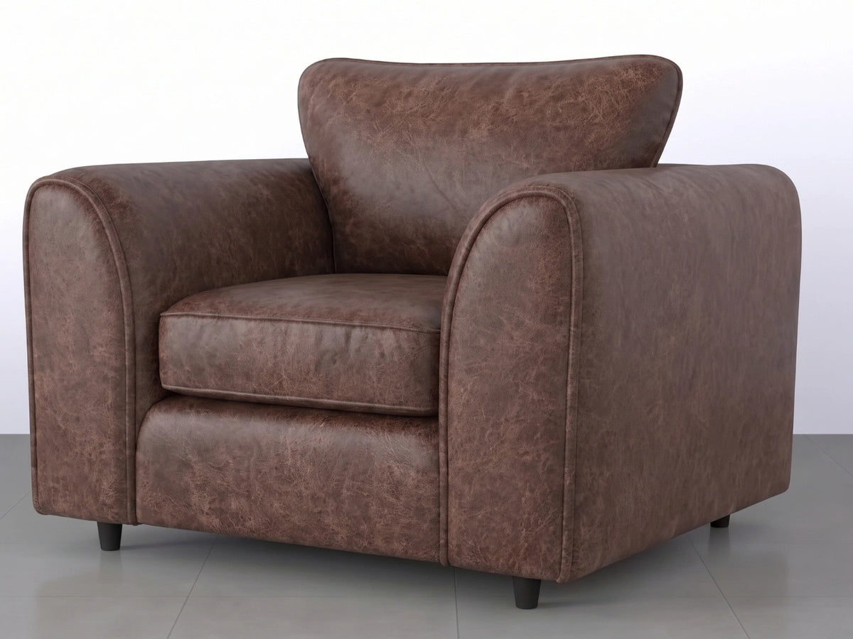 Chocolate brown Dillon full back leather sofa armchair by Gamzo Outlet, showcasing plush leather upholstery and comfortable design.