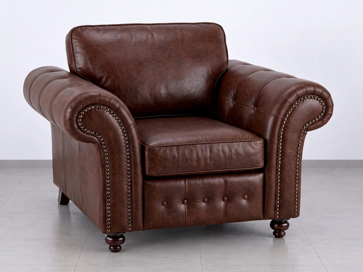 Chocolate brown leather armchair from Gamzo Outlet's Oakland full back leather sofa set, showcasing plush cushioning and stylish design.