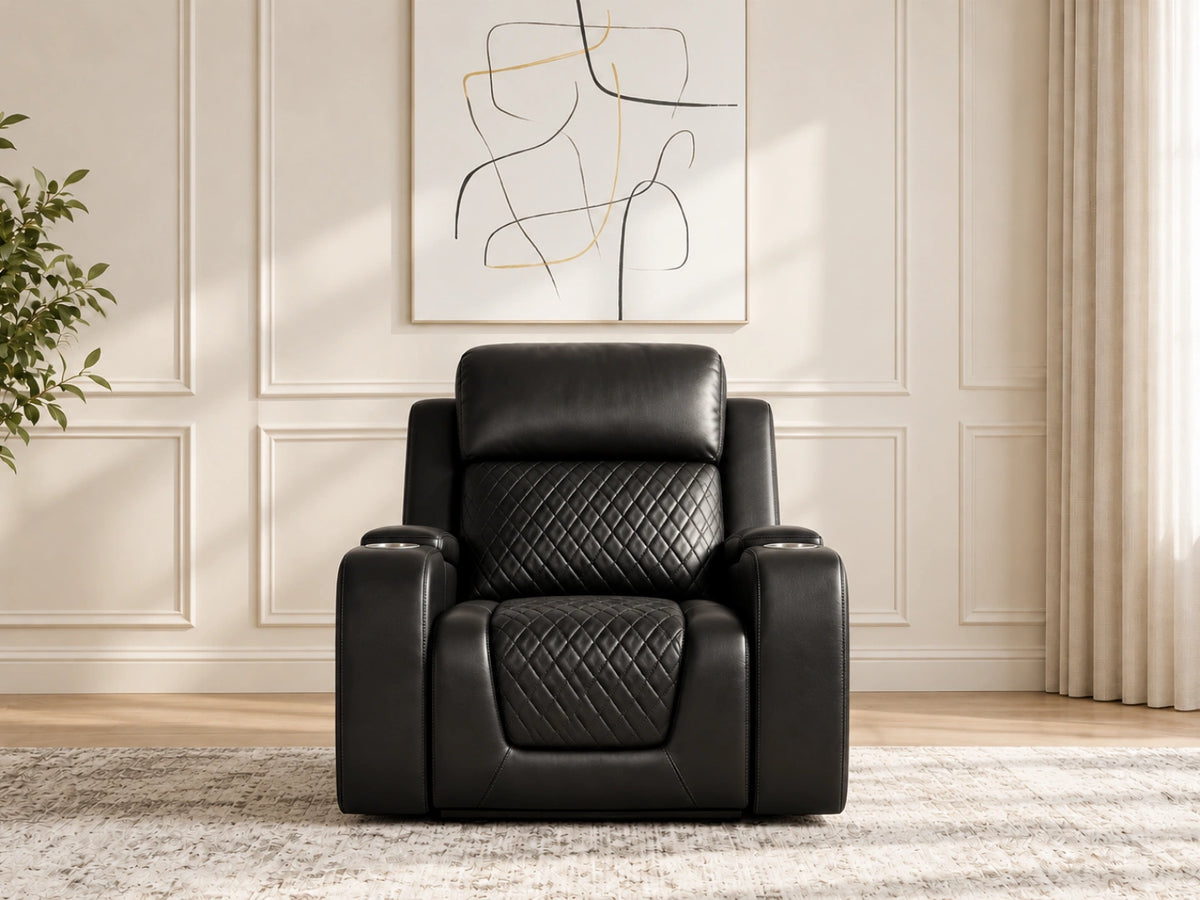 Black Model B electric recliner sofa by Gamzo Outlet with plush armrests and modern design.