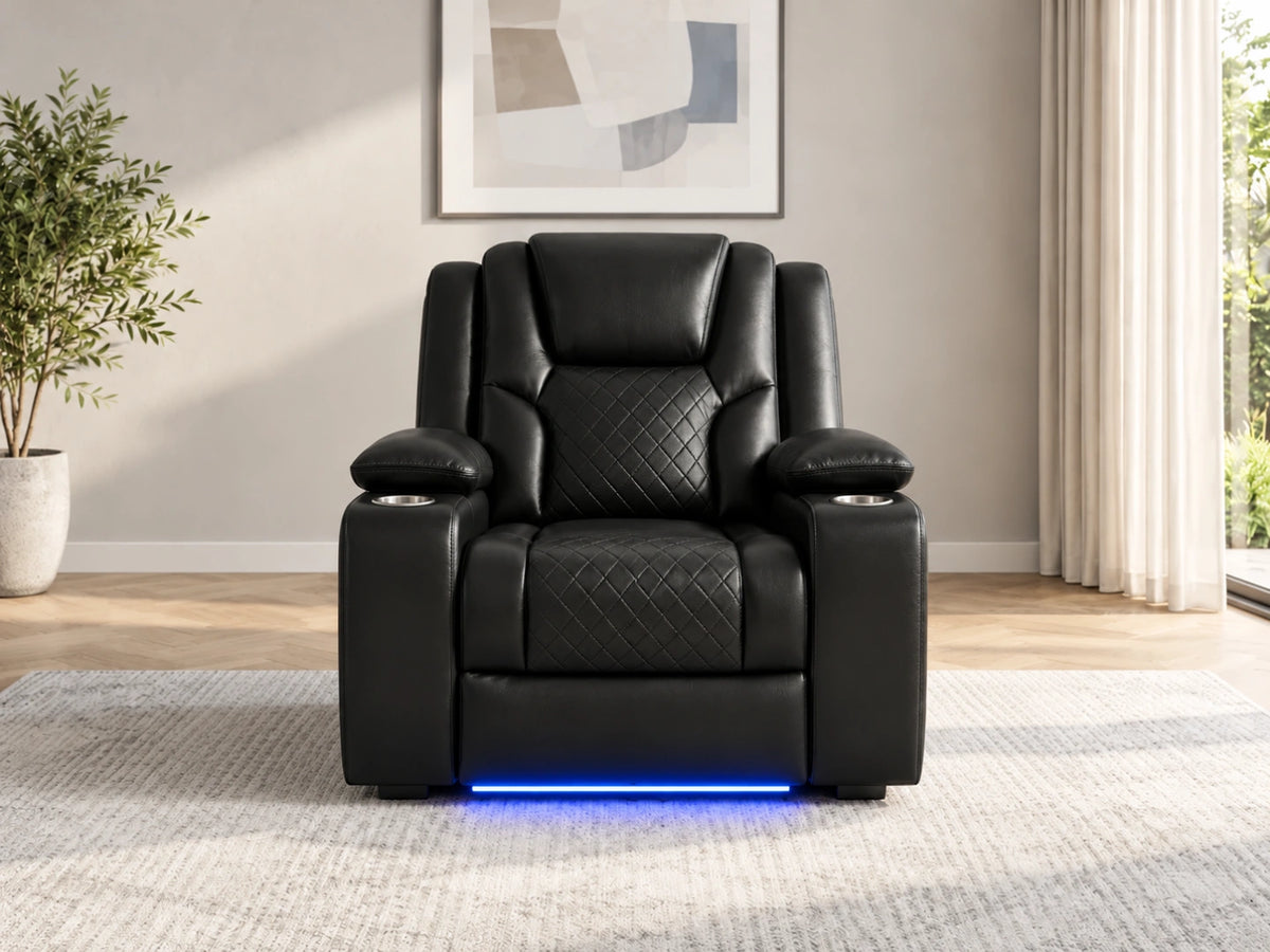 Black Model O electric recliner sofa by Gamzo Outlet with plush armrests and modern design, shown in a stylish living room setting.