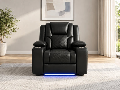 Black Model O electric recliner sofa by Gamzo Outlet with plush armrests and modern design, shown in a stylish living room setting.