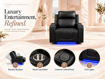 Black Model B electric recliner sofa from Gamzo Outlet with padded armrests and plush cushioning, designed for comfort.