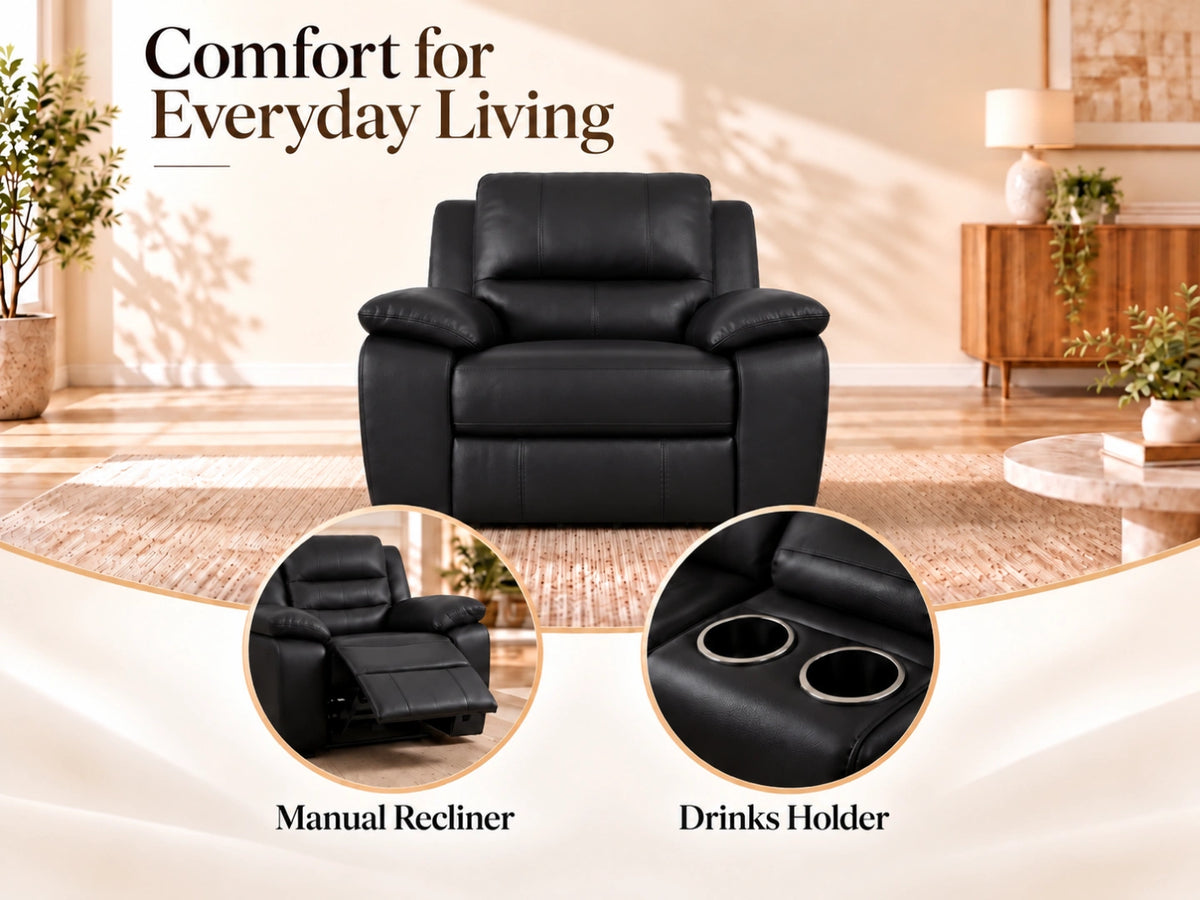 Black Model R Recliner Sofa armchair by Gamzo Outlet with plush cushioning and sleek design, shown from a side angle.