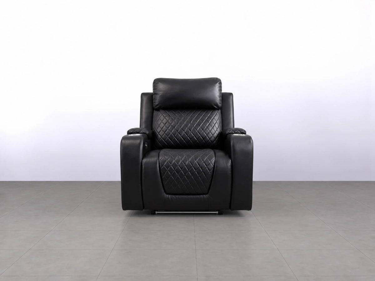 Black Model B Electric Recliner Sofa by Gamzo Outlet showing plush armrests and reclining mechanism in a modern living room setting.