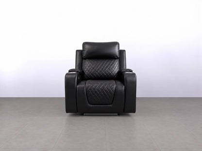 Black Model B Electric Recliner Sofa by Gamzo Outlet showing plush armrests and reclining mechanism in a modern living room setting.
