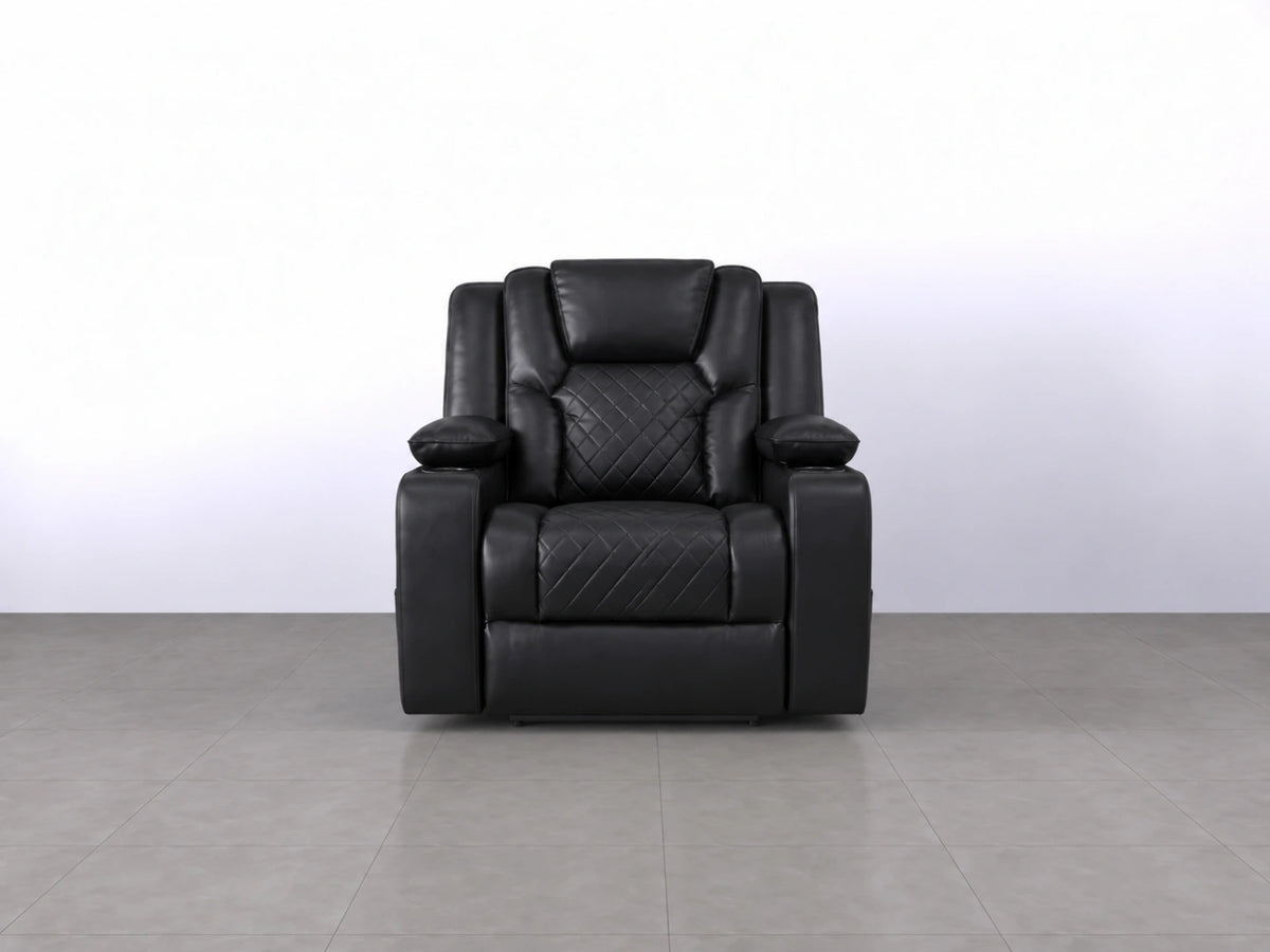 Black Model O electric recliner sofa by Gamzo Outlet, showing plush armrests and smooth reclining mechanism.