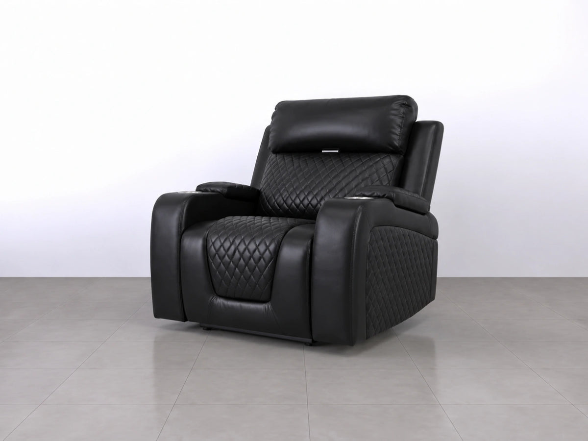 Black Model B electric recliner sofa by Gamzo Outlet, showing the plush armchair with reclining features and modern design.