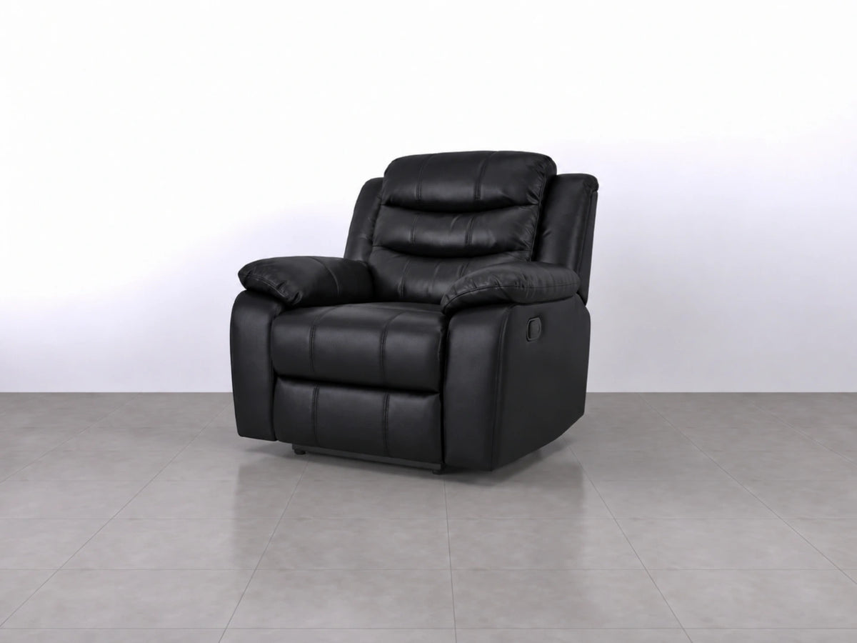 Black Model R recliner sofa armchair by Gamzo Outlet, showcasing plush cushioning and modern design for comfortable seating.