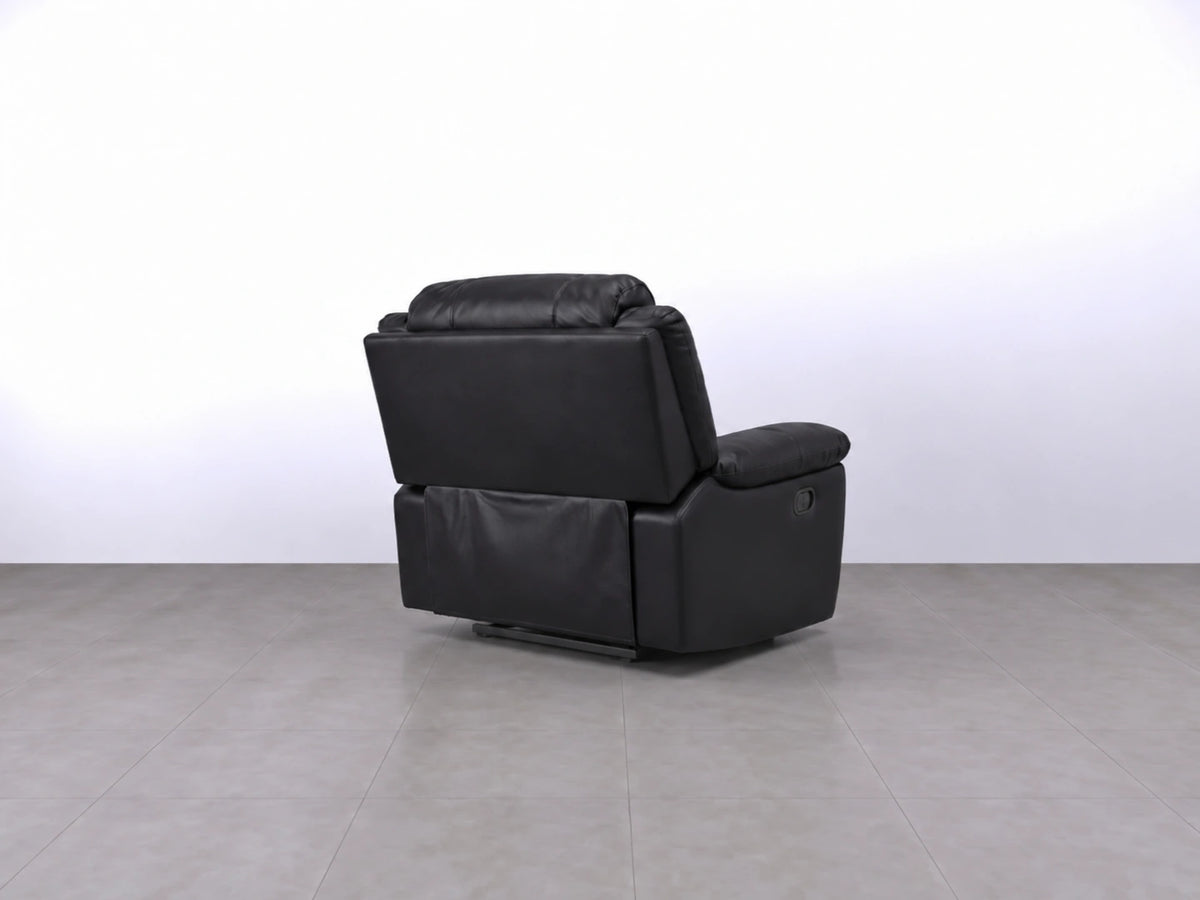 Black Model R Gamzo Outlet recliner sofa armchair with padded armrests and plush upholstery for comfortable seating.