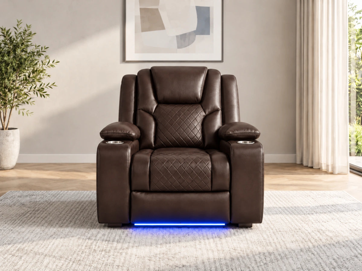 Brown Model O electric recliner sofa by Gamzo Outlet, showcasing plush armrests and modern design.