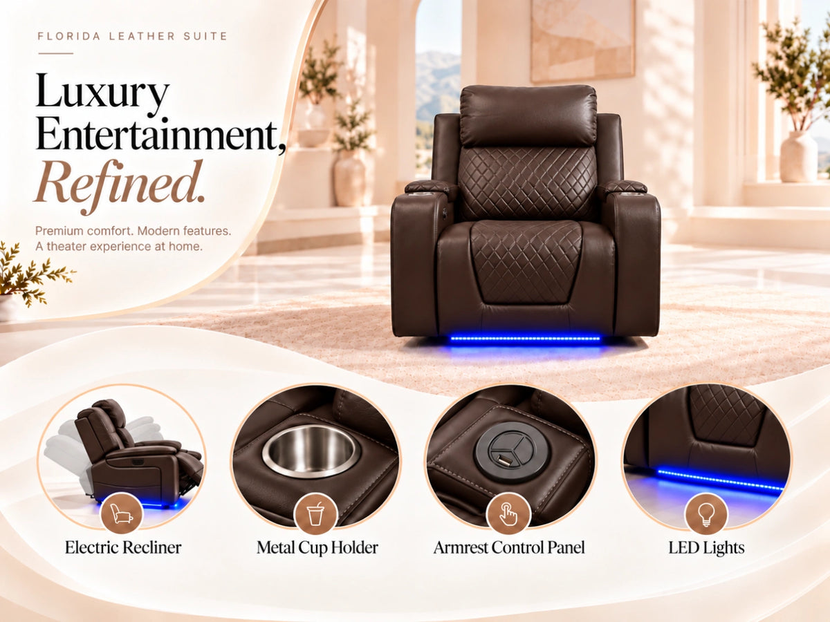 Brown Model B electric recliner sofa by Gamzo Outlet with plush armrests and modern design, shown in a comfortable reclined position.