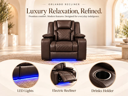 Brown Gamzo Outlet Model O electric recliner sofa with plush armrests and modern design.