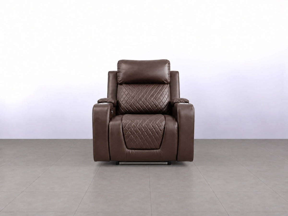 Brown Model B electric recliner sofa by Gamzo Outlet with plush armrests and modern design, shown in a cozy living room setting.