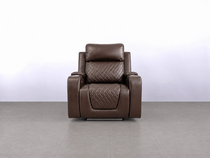 Brown Model B electric recliner sofa by Gamzo Outlet with plush armrests and modern design, shown in a cozy living room setting.