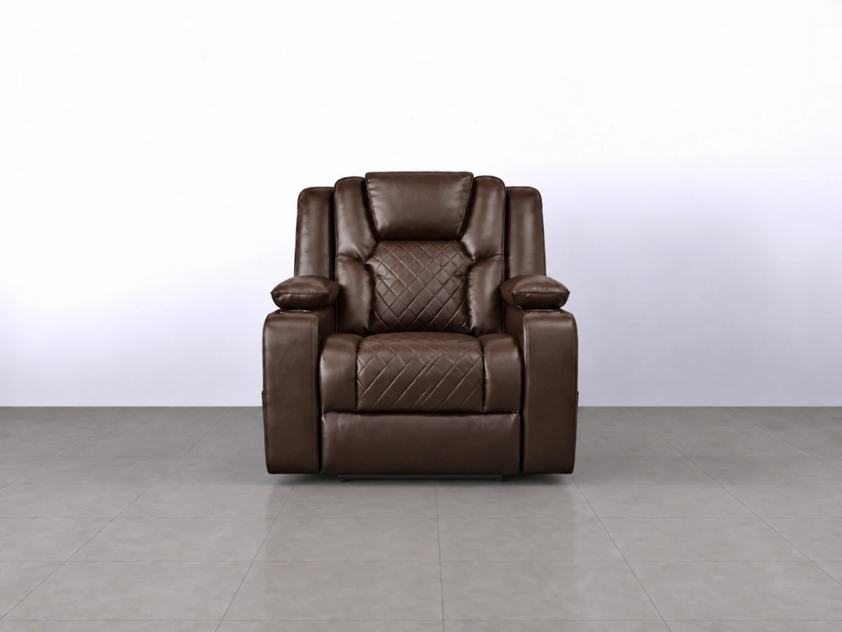 Brown Model O electric recliner sofa by Gamzo Outlet with plush armrests and modern design, shown in a cozy living room setting.