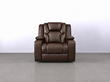 Brown Model O electric recliner sofa by Gamzo Outlet with plush armrests and modern design, shown in a cozy living room setting.