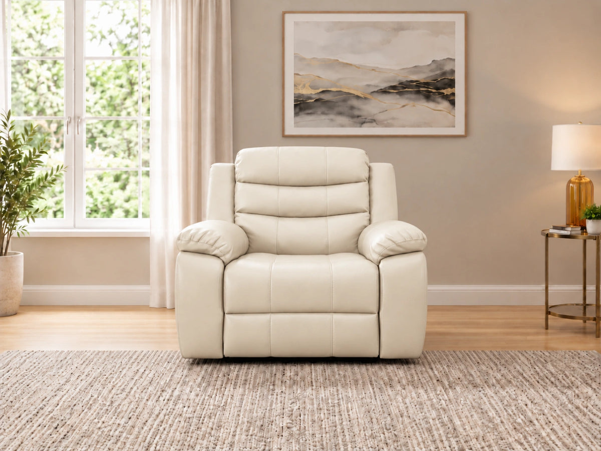 Cream Model R Recliner Sofa armchair by Gamzo Outlet with plush cushioning and stylish design, shown in a cozy living room setting.