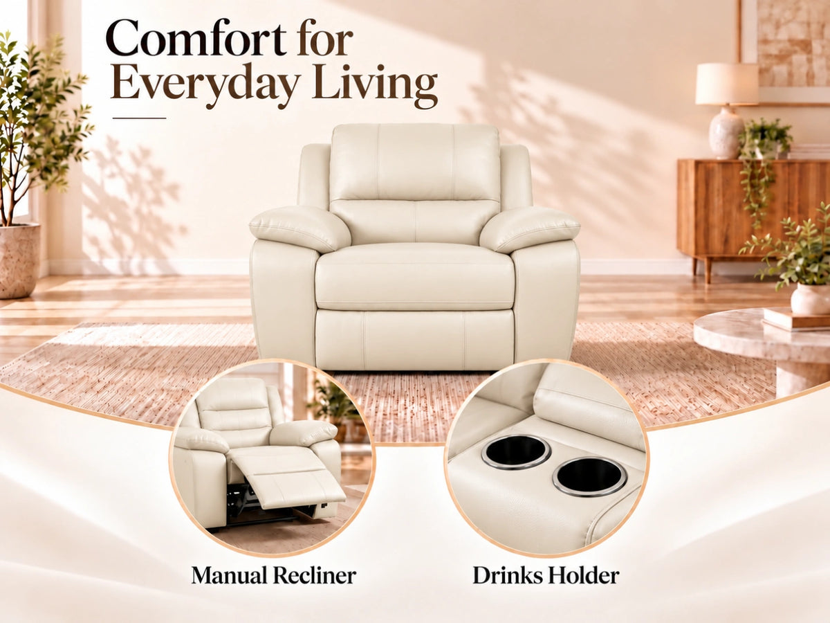 Cream Model R recliner sofa armchair by Gamzo Outlet featuring plush cushions and a comfortable reclining design.