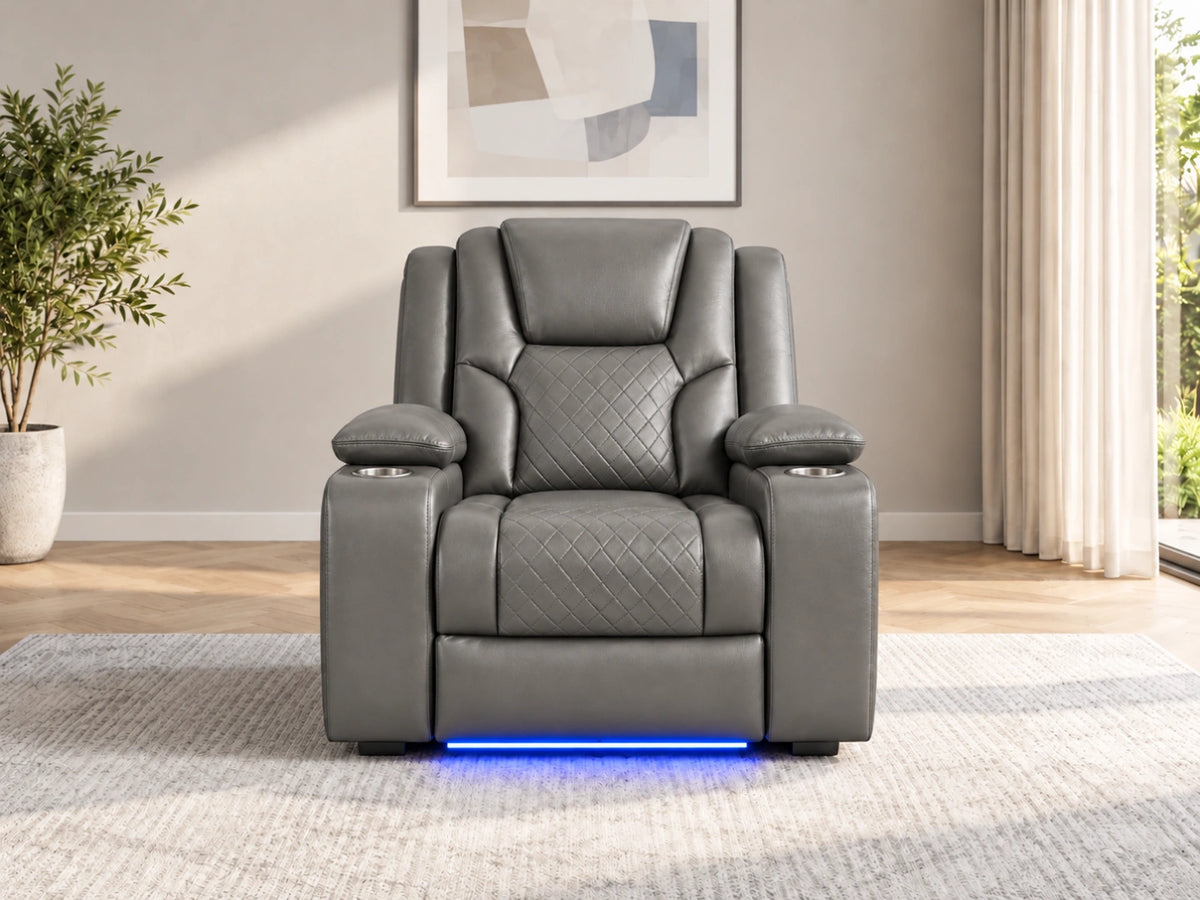 Grey Model O electric recliner sofa by Gamzo Outlet with plush armrests and modern design, perfect for comfortable living rooms.