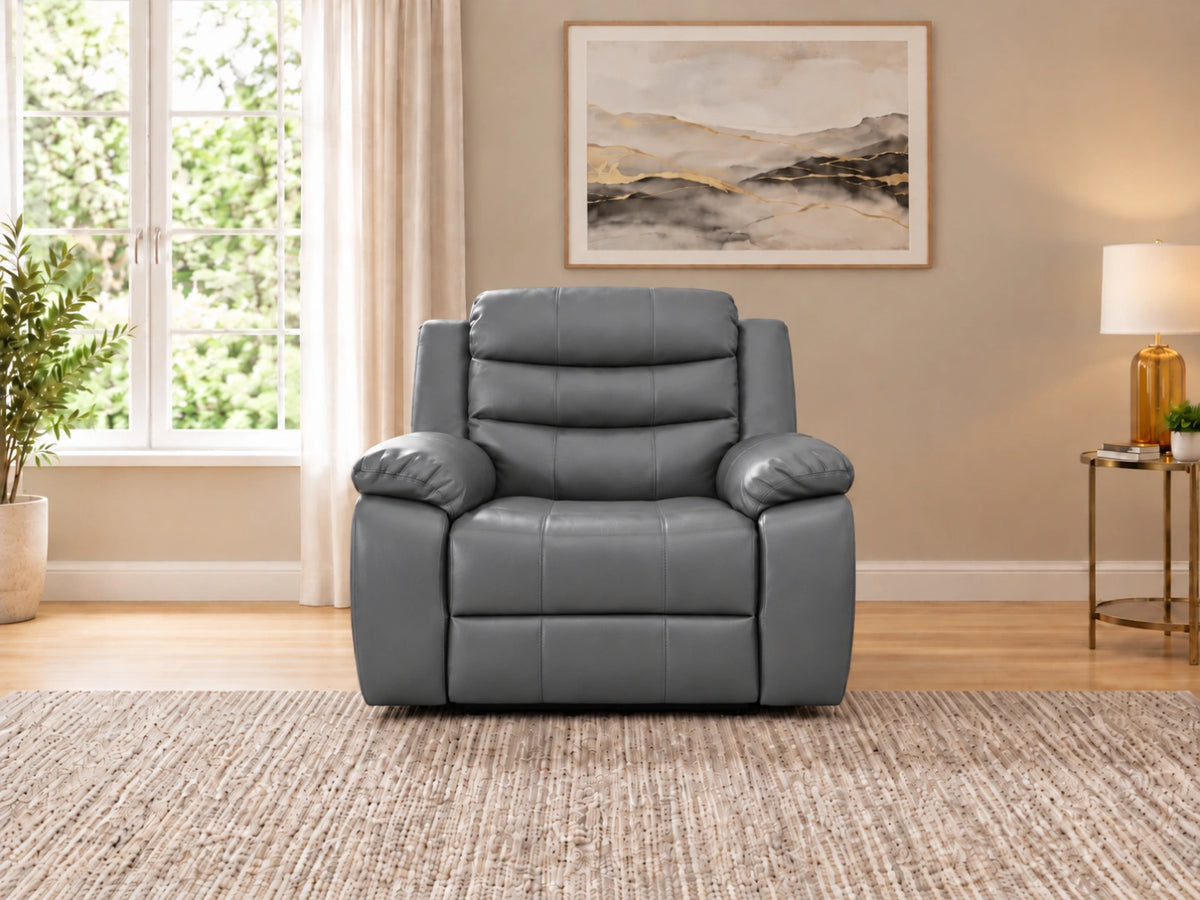 Grey Model R recliner sofa armchair by Gamzo Outlet, showcasing plush fabric and comfortable design.