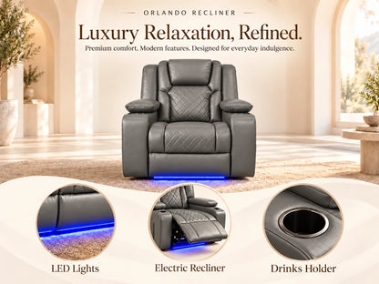 Grey Model O electric recliner sofa by Gamzo Outlet, featuring plush armrests and modern design, perfect for comfortable lounging.