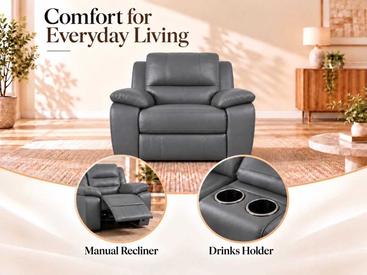 Grey Model R Recliner Sofa armchair by Gamzo Outlet, showing plush cushioned seating and modern design.