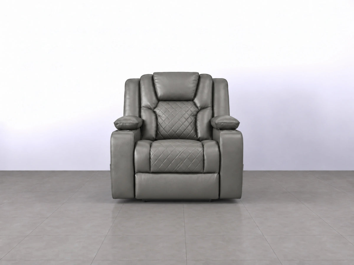 Grey Model O electric recliner sofa by Gamzo Outlet with plush armrests and modern design, perfect for comfortable lounging.