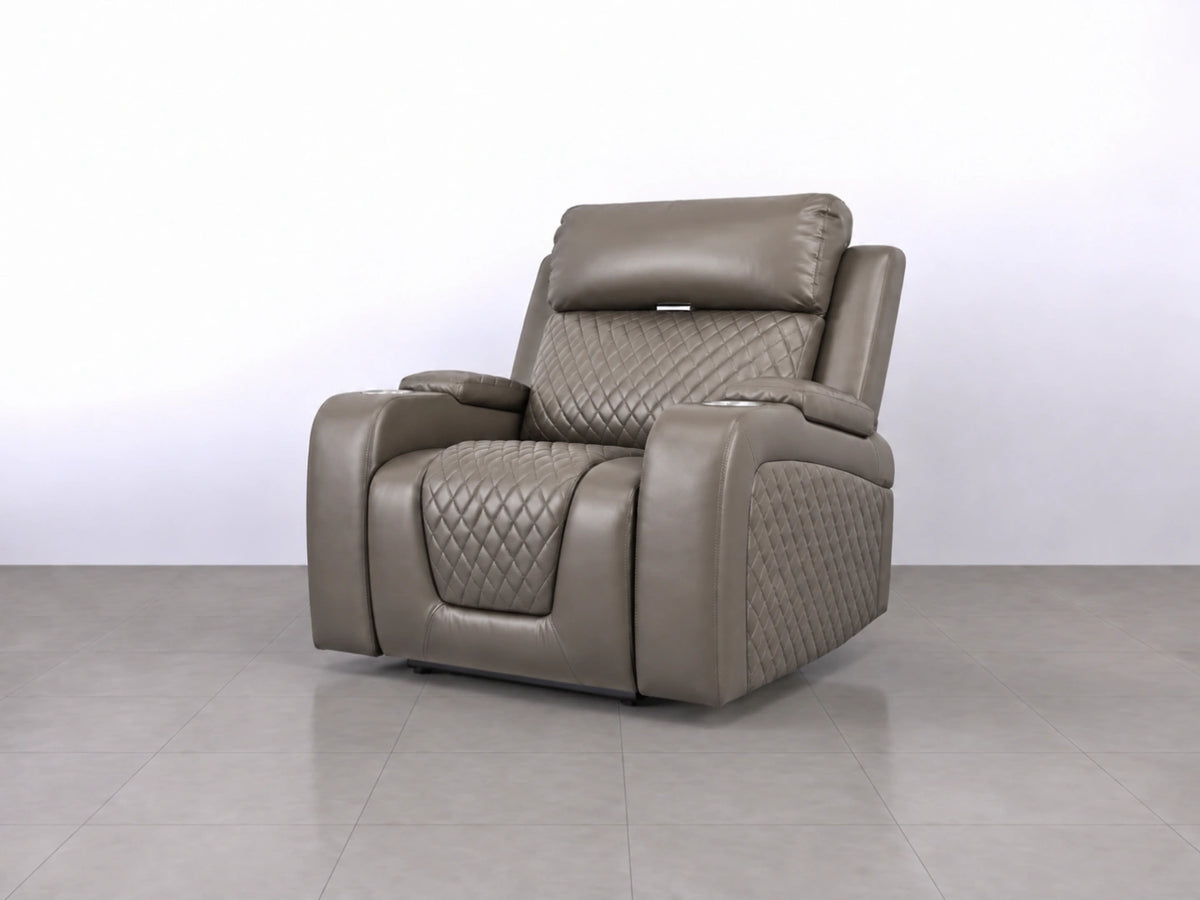 Gray Model B electric recliner sofa from Gamzo Outlet showing plush armchair with reclined back and padded armrests.