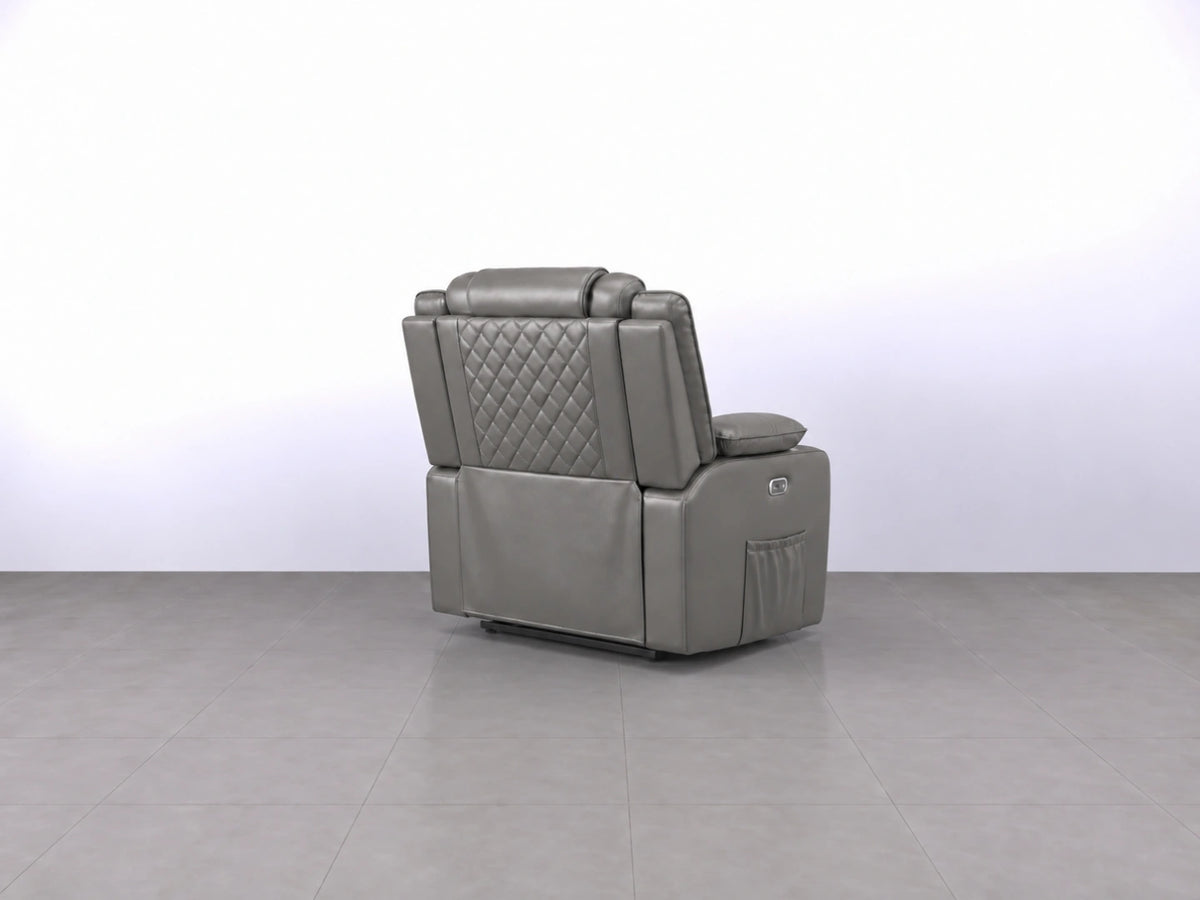 Grey Model O electric recliner sofa by Gamzo Outlet with plush armrests and modern design, perfect for comfortable lounging.