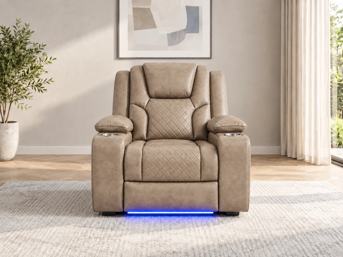 Mocha Model O electric recliner sofa by Gamzo Outlet, showing plush armrests and modern design for comfortable lounging.
