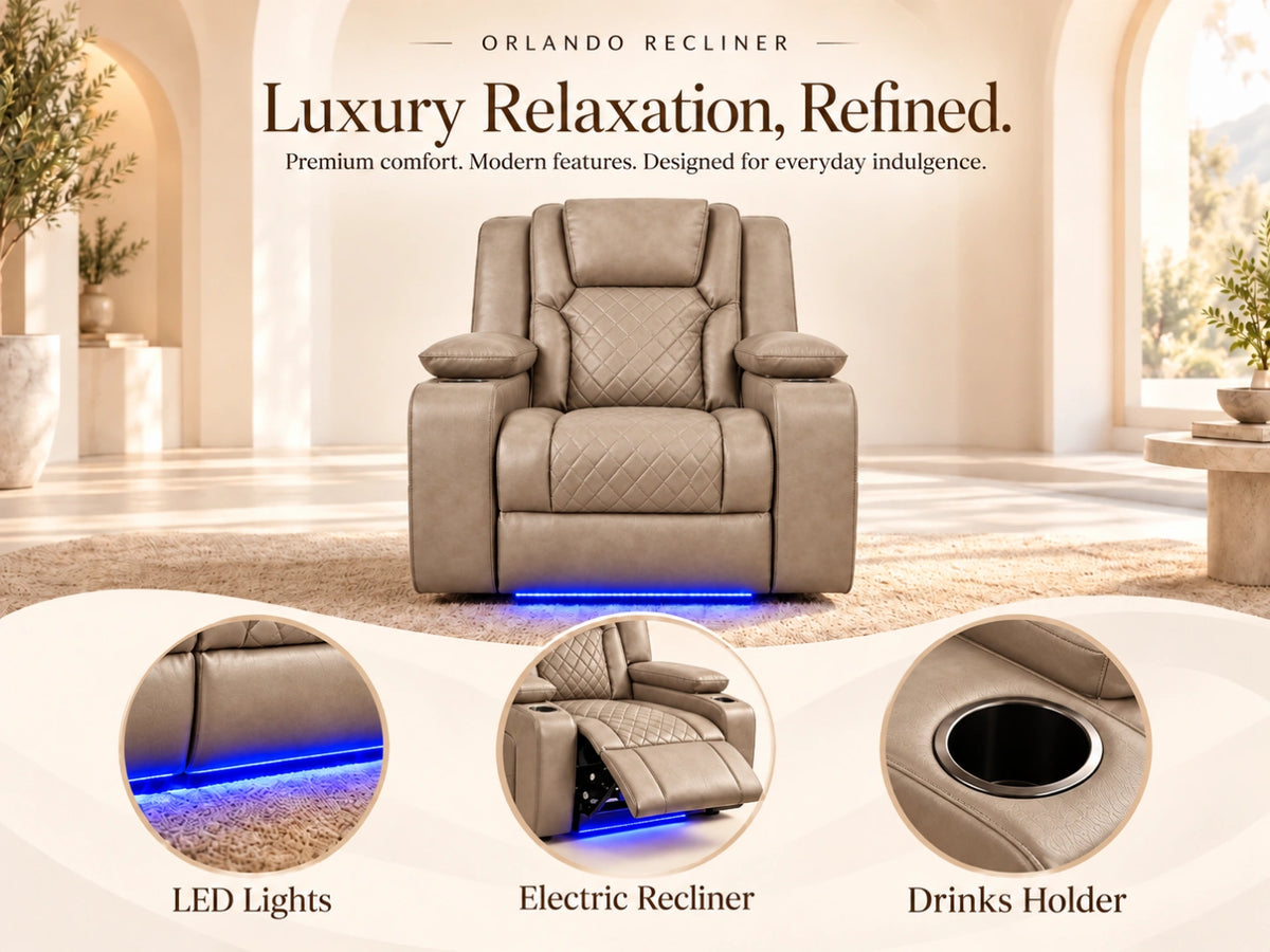 Mocha Model O electric recliner sofa by Gamzo Outlet showing plush armchair with reclining feature and modern design.
