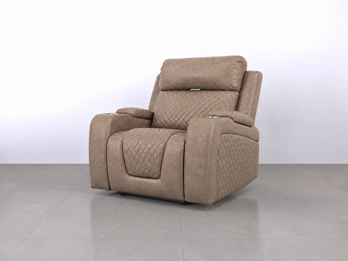 Mocha-colored Model B electric recliner sofa by Gamzo Outlet, showing plush armrests and padded seating for comfort.