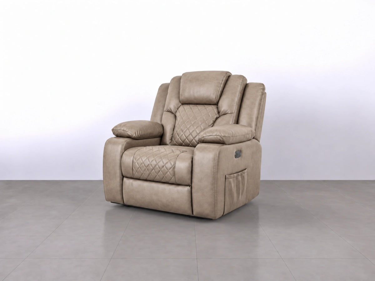 Mocha-colored Model O electric recliner sofa by Gamzo Outlet with cushioned armrests and plush upholstery.