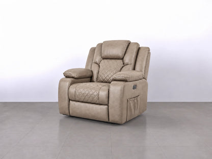 Mocha-colored Model O electric recliner sofa by Gamzo Outlet with cushioned armrests and plush upholstery.