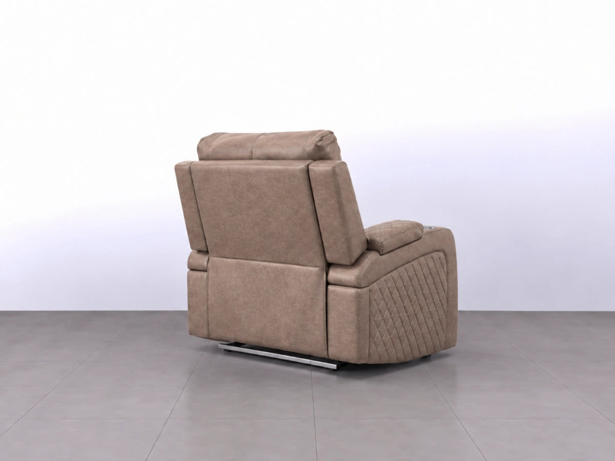 Mocha-colored Model B electric recliner sofa by Gamzo Outlet with plush armrests and reclining feature, shown from the side.