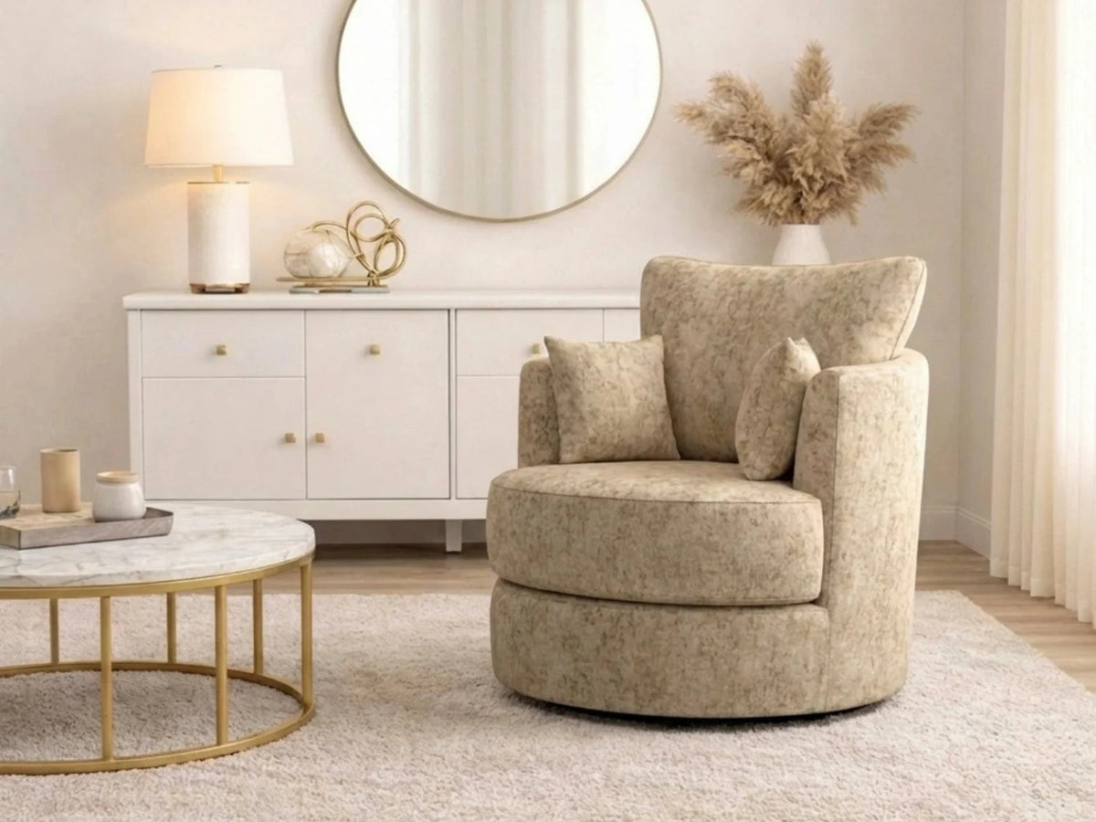 Beige Gamzo Outlet Alaska Fabric Swivel Chair with cushioned seat and backrest, stylish and comfortable for living room or office use.
