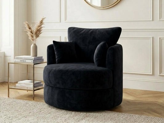 Black plush fabric swivel chair from Gamzo Outlet, perfect for corner sofa setups, showcasing comfortable and stylish seating.