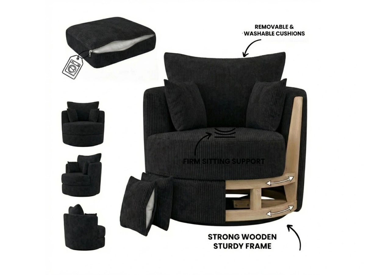 Black Jumbo Cord Fabric Swivel Chair from Gamzo Outlet, featuring a comfortable, modern corner sofa design with plush upholstery.