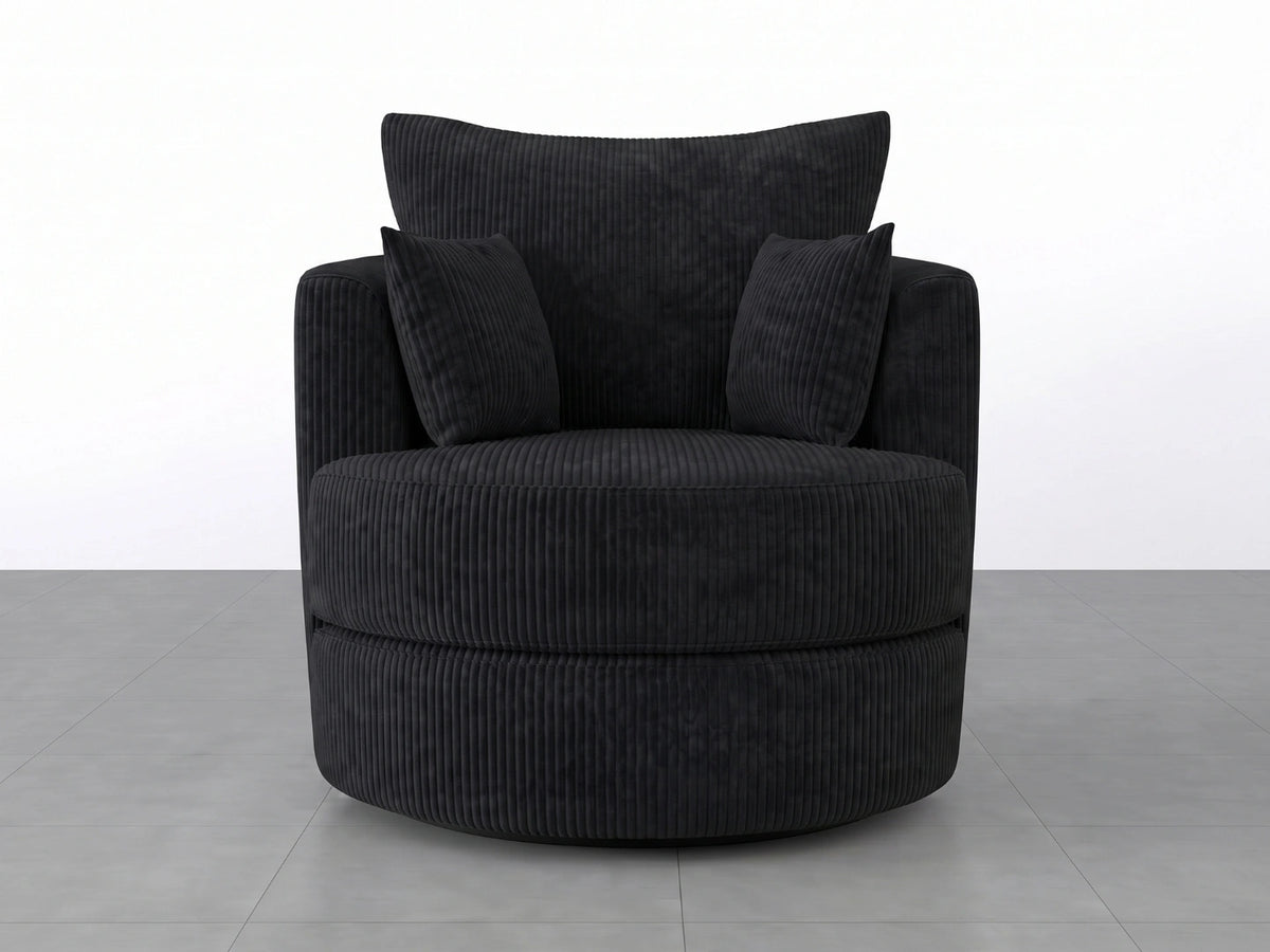 Black Jumbo Cord Fabric Swivel Chair from Gamzo Outlet, a stylish corner sofa accent with a comfortable swivel feature.