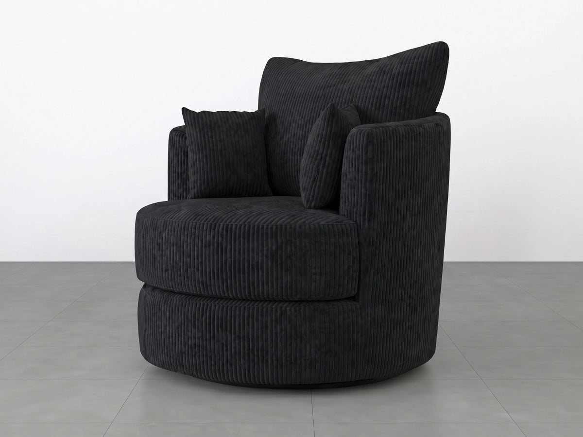Black jumbo cord fabric swivel chair from Gamzo Outlet, designed for corner sofa arrangements, with a comfortable and modern look.