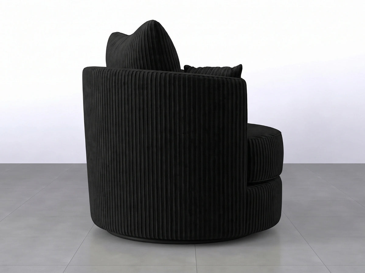 Black jumbo cord fabric swivel corner sofa chair with cushioned seat and armrests, designed for comfortable seating.